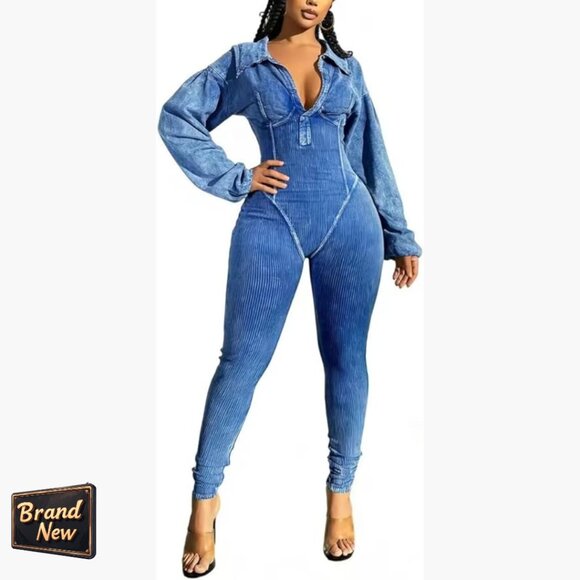 Distressed Long Sleeve Jumpsuit Ribbed Patchwork Bodycon Romper Slim Fit